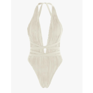 ZAFUL Women's One Piece Swimsuit Deep V Neck Ribbed Self Tie Sexy High Cut Bathing Suit Crisscross Back Swimwear, Size M