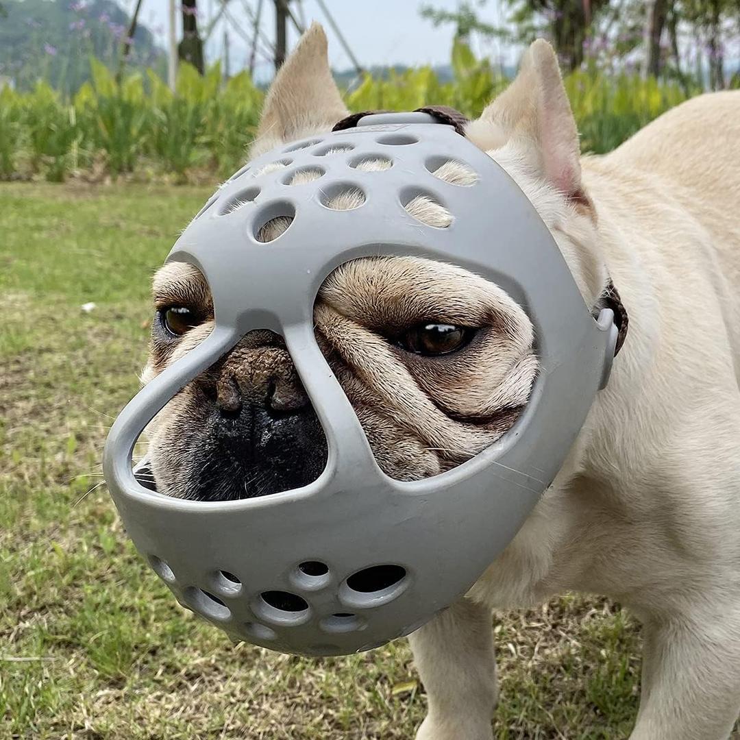 BARKLESS Short Snout Dog Muzzle, Soft Silicone Flat Faced Muzzle for French Bulldog Shih Tzu and Pug for Biting Chewing Licking and Grooming, Allows Panting, S (Head 13-14½"）