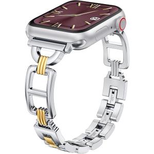 Wearlizer Compatible with Apple Watch Band 49/46/45/44/42mm Women, Dressy Stainless Steel Metal Jewelry Designer Gold Silver Chain Strap for iWatch (Series 3 2 1) 