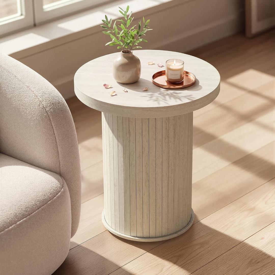 VASAGLE Round Side Table, Tambour End Table, Mid Century Modern Nightstand, Easy Assembly, for Small Spaces, Living Room, Bedroom, Home Office, 17.7 x 19.7 Inches, Travertine Beige ULET295L101