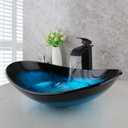 Blue Vessel Sink Oval Glass Vessel Sink with Waterfall Faucet and Pop-Up Drain Boat Shape Bathroom Sink Above Counter,Artistic Tempered Glass Vessels Sinks Bowl, 22.4"L x 12.4"W x 6.6"H