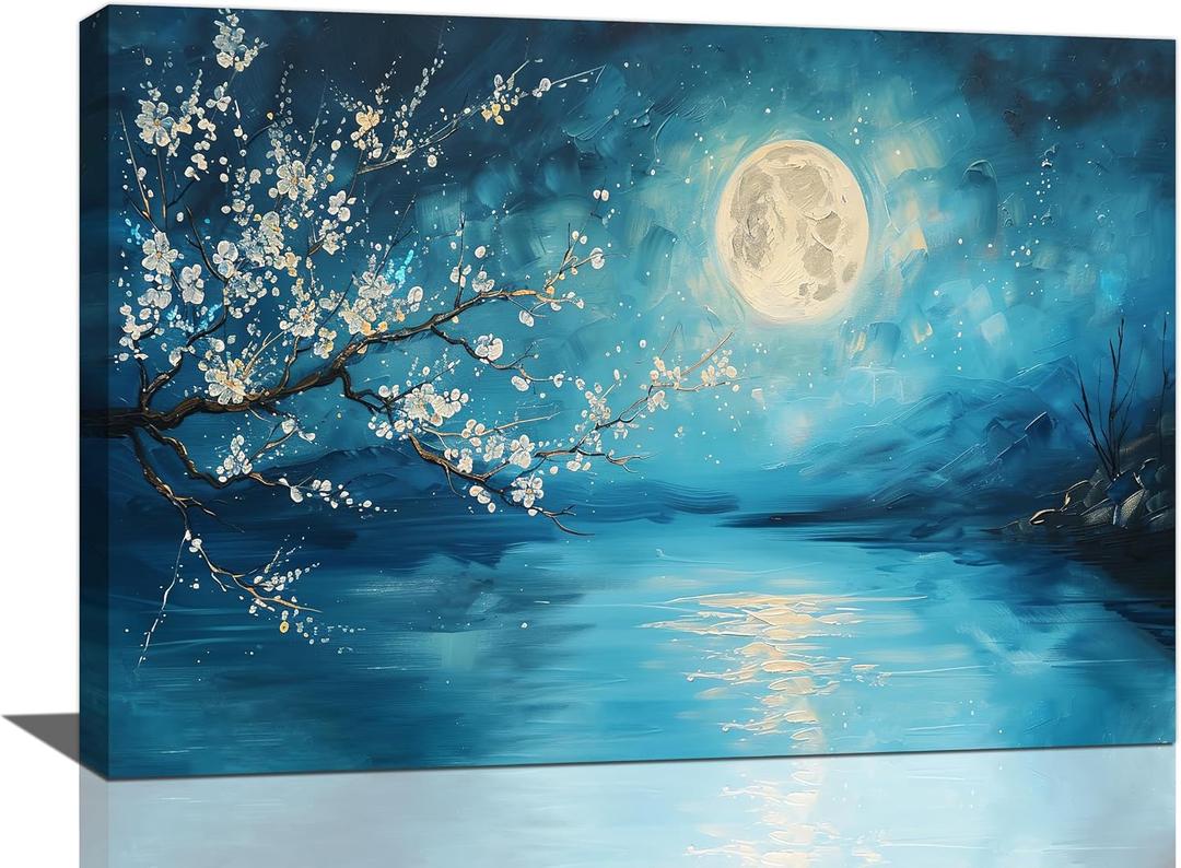 2 x Large Flower Canvas Wall Art Landscape Botanical Painting Blue Plum Flowers Pictures Big Florals Moon Wall Decor Huge Plum Artwork Over Bedroom Modern Home Decorations for Living Room Office 24"x16"