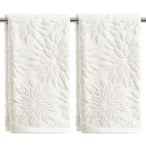 Artoid Mode 2 Pcs White 3D Dahlia Floral Jacquard Hand Towels for Bathroom, 100% Cotton Soft Absorbent Bathroom Decor Towels, 13.7 x 29.5 Inch