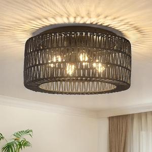Rattan Light Fixtures Ceiling Mount,4-Lights Boho Flush Mount Ceiling Light with Hand-Woven Shade, 18''Rattan Farmhouse Chandelier for Hallway Bedroom Kitchen Farmhouse Foyer Entryway (Black)