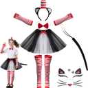 codree 7 Pcs Cat Costume Set, Halloween Kitty Cosplay Outfits, Cat Ear Top Hat Headband Bowtie Skirt Tail Socks Gloves Kit
