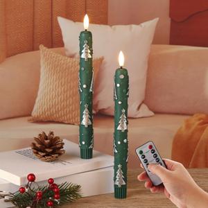 2 x Eywamage Green Christmas Tree Flameless Taper Candles with Remote, Flickering LED Wax Candlesticks Set of 2