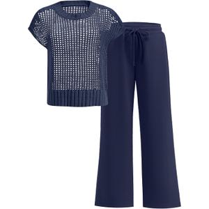 Women Two Piece Outfits Crochet Sheer Knit Sweater Top Wide Leg Pants Lounge Matching Sets Sweatsuit Travel Clothes