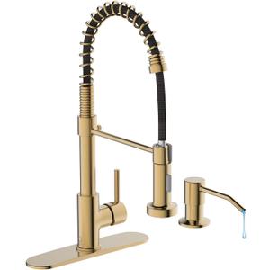 Kitchen Faucet, Brushed Gold Kitchen Faucet with Soap Dispenser and Deck Plate, Faucet for Camper Farmhouse RV Kitchen Sink, Single Handle Stainless Steel Kitchen Sink Faucets with Pull Down Sprayer
