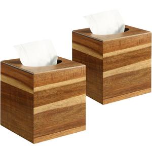 2 Pack Wooden Tissue Box Cover Square - Acacia Wood Tissue Box Holder for Tabletop Stands Bathroom Office- Decorative Facial Wood Tissue Box Cover for Modern Farmhouse Decor-Retro Natural Wood Color