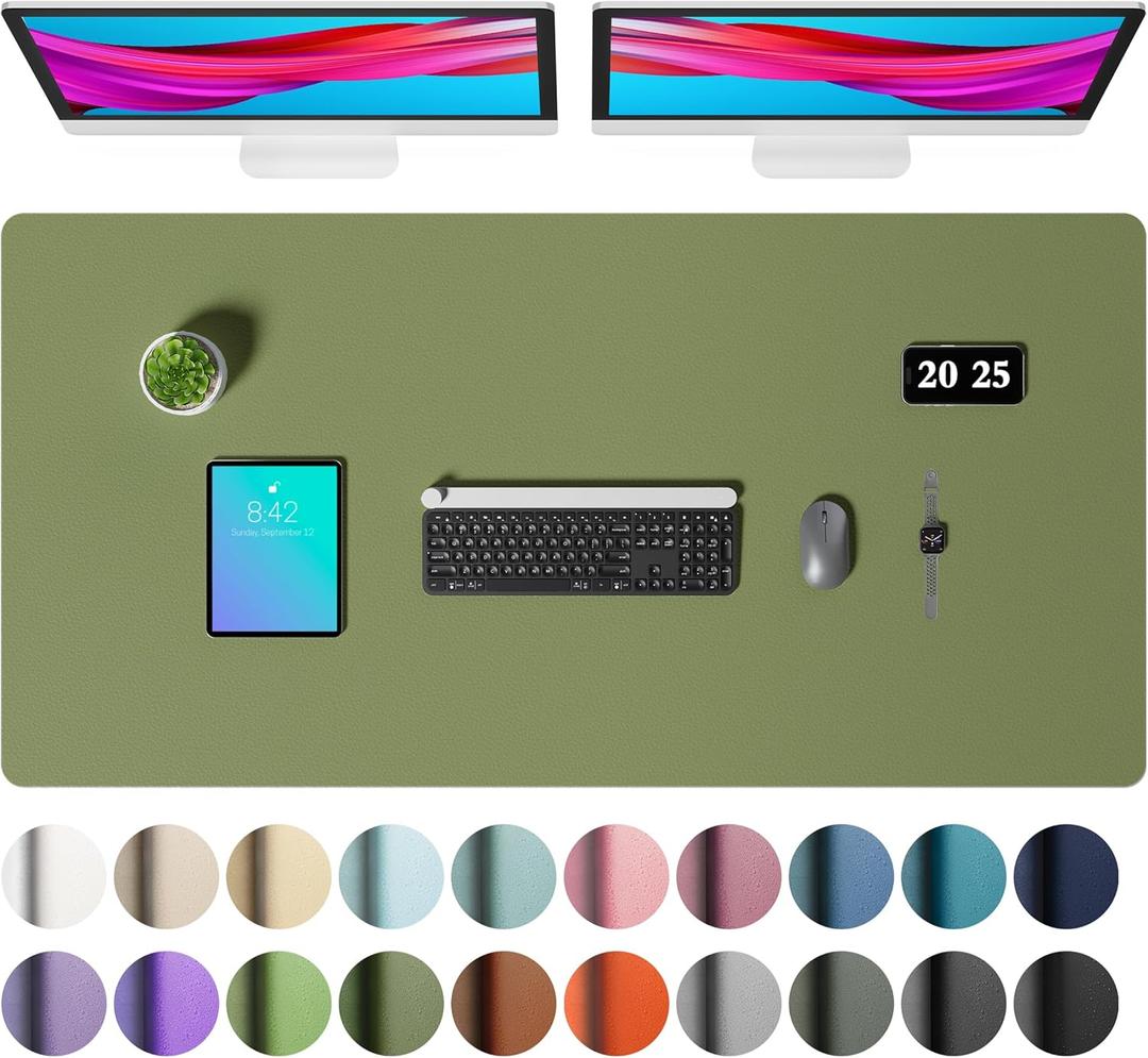 Aothia Faux Leather Desk Mat  Large Mouse Pad, Non-Slip PU Leather Blotter, Waterproof Writing Surface for Office and Home (Olive Green, 47.2" x 23.6")