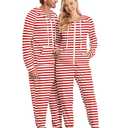 Ekouaer Christmas Onesie for Couples Zipper Hooded Adult Matching Onesie Pajamas with Pockets Women Red White Stripes Small