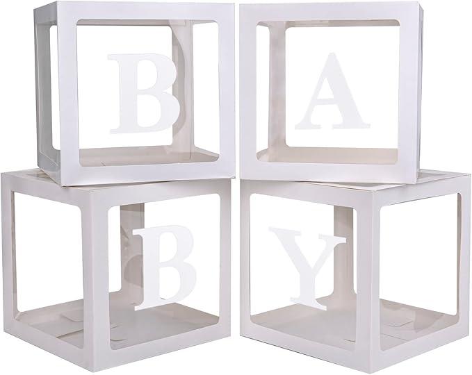 Baby Boxes with 4 PCS Letters for Baby Shower White Clear Balloon Box Blocks Gender Reveal Decorations and Birthday Party (White)