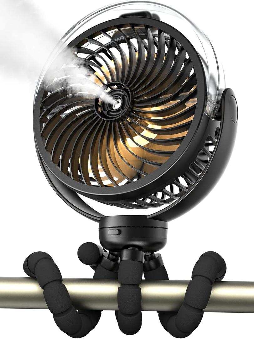 Misting Stroller Fan, 6000mAh Battery Operated Portable Fan with Light & 360 Pivoting, Personal Fans with Flexible Tripod for Baby, Office, Travel,Treadmill,Outdoors (Black)