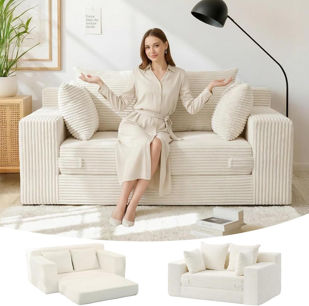 Boneless Loveseat Sleeper Sofa Bed, 3-in-1 Convertible Sofa Bed and Futon Couch with 4 Pillows, 55" Beige Boneless Couch for Living Room, Guest Room, Small Space, No Assembly Required, Corduroy