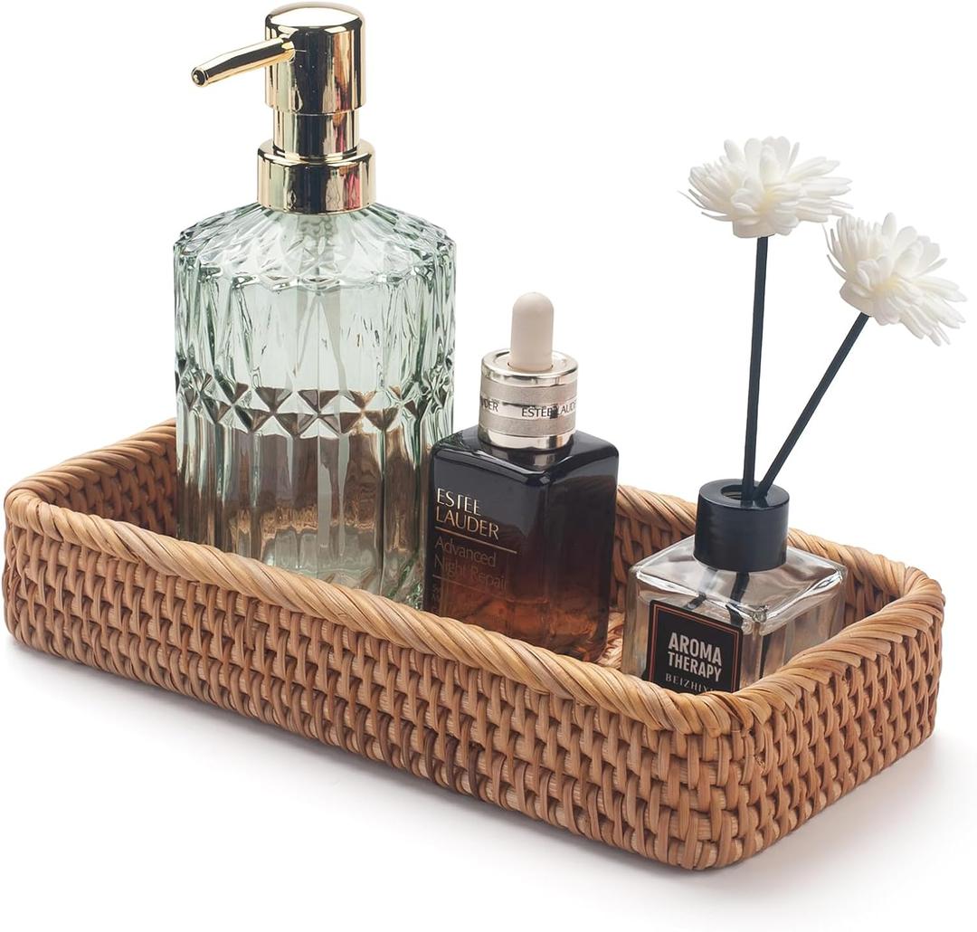 Rattan Bathroom Vanity Trays Toilet Tank Baskets Long Narrow Hand Towel Storage Basket for Storage, Decorative (Natural 10.2 x 4.9 x 1.6 inch)