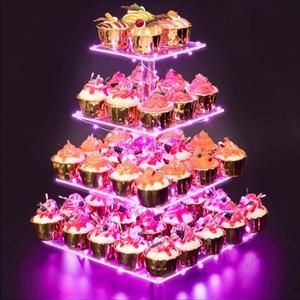 Cupcake Stand – Premium Cupcake Holder – Cady Bar Party Décor – 4 Tier Acrylic Tower Display for Pastry + LED Light String – Ideal for Weddings, Birthday (Pink Light)
