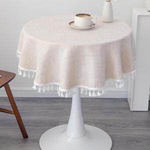 Linen Small Round Tablecloth 36 Inch Beige Washable Wrinkle Resistant Table Cover with Tassels Farmhouse Decorative Burlap Fabric Table Cloths for Wedding Camping Party Holiday