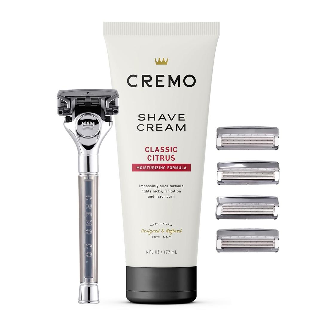 Cremo Original Shave Gift Set for Men, includes Impossibly-Slick 6 oz Shaving Cream, Chrome Barber Grade Razors for Men and four Razor Blades Refills