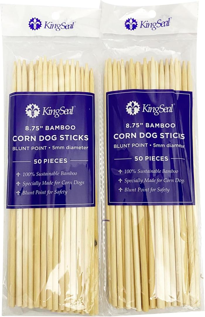 KingSeal Bamboo Wood Corn Dog Skewers, Sticks, 8.75 Inches x 5 mm Diameter, Blunt Point for Safety, Retail Pack - 2 Bags of 50 Skewers (100 Count)