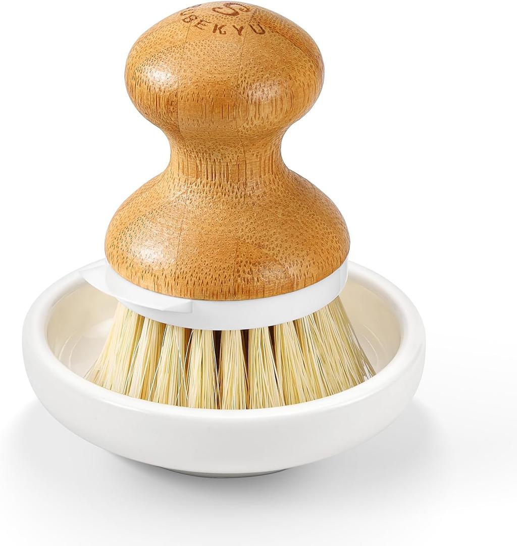 SUBEKYU Bamboo Dish Brush, Kitchen Dish Scrubber Brush, Natural Wooden Dishwashing Brush for Cleaning Dishes/Pans/Pots, Built-in Scraper, Sisal Bristles,1 Set