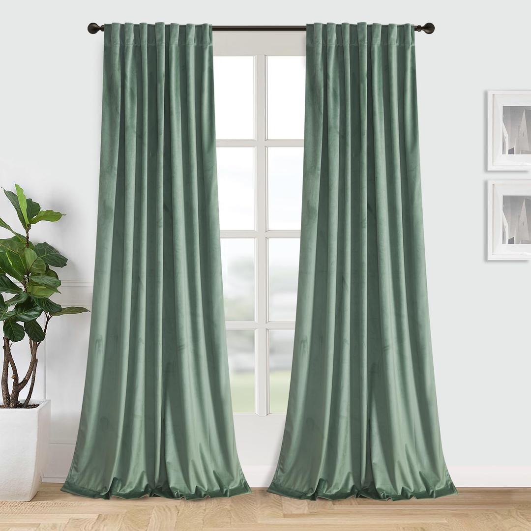 Roslynwood Luxury Soft Sage Green Velvet Curtains 96 inches Long Back Tab Thermal Insulated Blackout Window Drapes for Living Room/Bedroom/Dining Room, W52 x L96, 2 Pcs