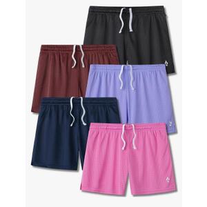 5-Pack Women's Athletic Shorts Mesh Basketball, Ladies Active Loose Pull-On Shorts with Zipper Pockets, 5" Inseam XL