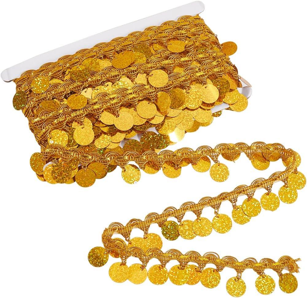 10 Yards Gold Coin Shape Sequin Tassel Trim Sequins Bead Fringe Lace Trimming Braid Metallic Glitter Belly Ribbon Chain Bulk for Sewing Making Clothes Dresses Dance Crafts Costume Accessory