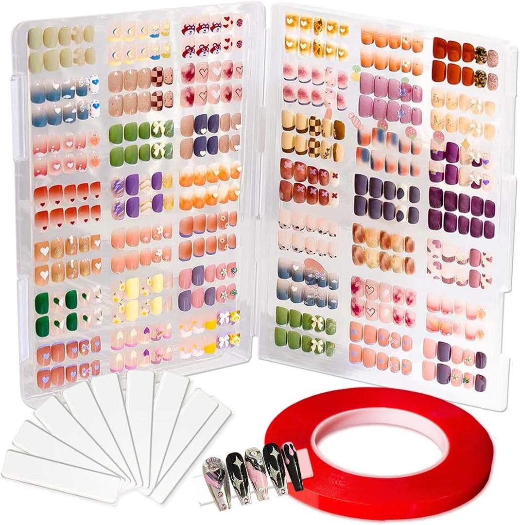 Large Clear Press on Nails Storage Box, Empty Press on Nails Packaging Box Set with Double-sided Adhesive Tape and 50 Arcylic Nail Display Stand Can Be Used to Store and Store Personal Items