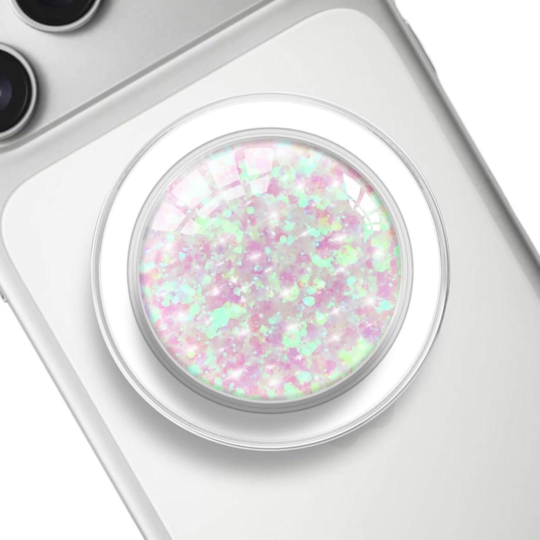 Transparent Magnetic Phone Grip Compatible with MagsafeCollapsible Mobile Phones Stand Holder for Smartphone Tablet Cell Phone Accessory - Clear Crystal Pink Glitter