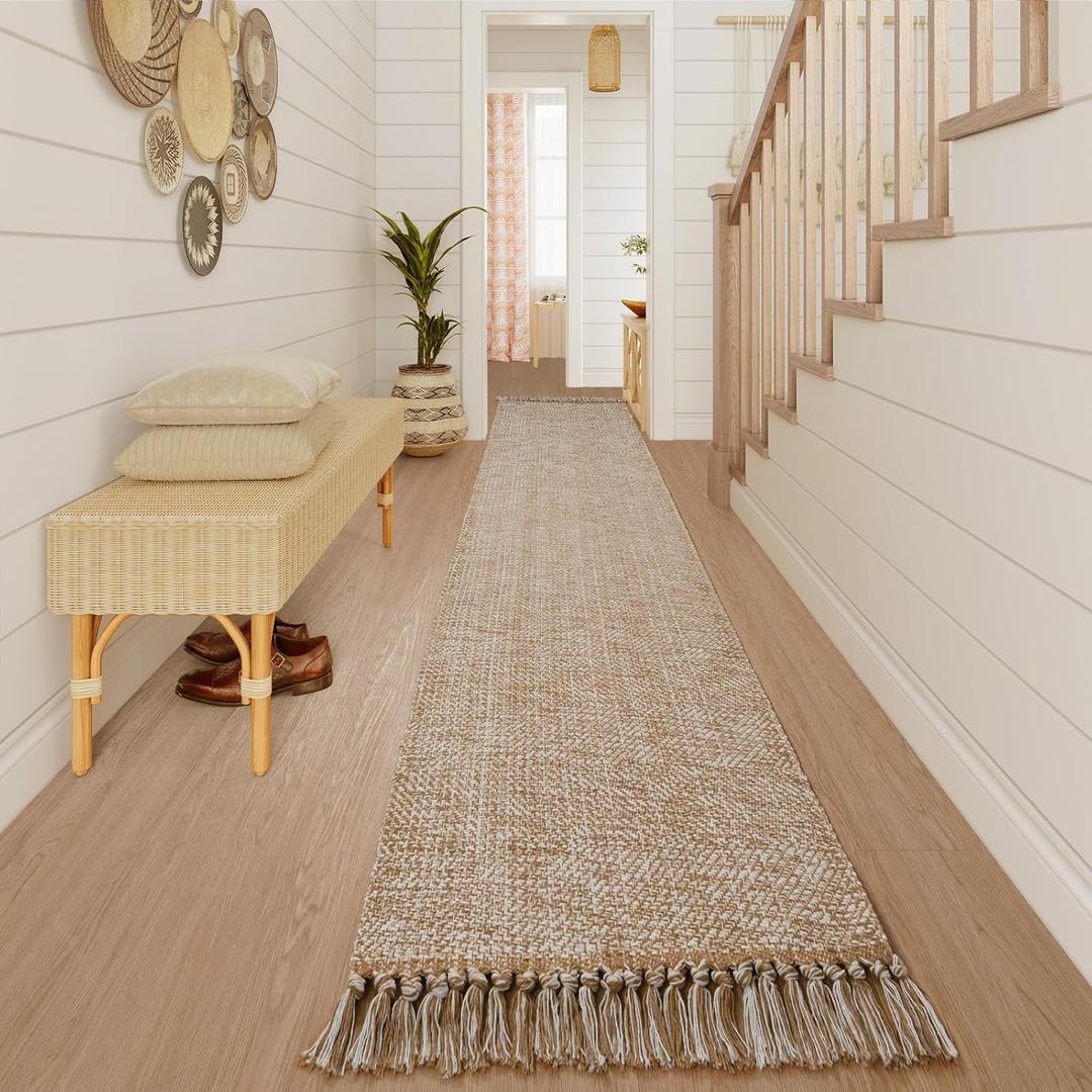 Collive Boho Long Hallway Runner Rug, 2.6x14 ft Washable Runners Rugs for Hall Tan/Cream Low Pile Kitchen Runer Carpet, Woven Cotton Carpets Runners for Entryway Bedside