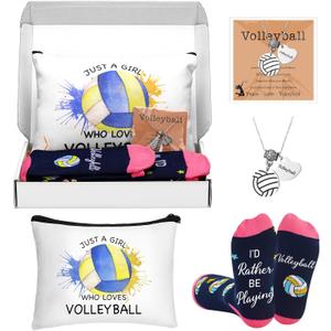 5 Pcs Volleyball Gifts Set for Women Volleyball Party Favors Stuff Includes Makeup Bag Necklace Earrings Socks Inspirational Sport Birthday Gifts for Team Players Sports Lovers