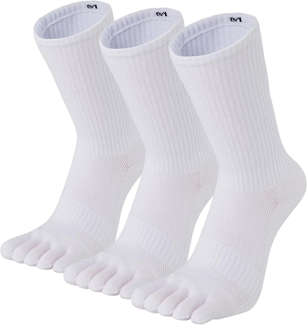 Fasot Men Toe Socks Running Wicking Split Toe Crew 5 Finger Cotton Athletic 3 Pack, Medium, 3 White
