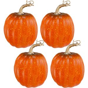Winlyn 4 Pcs Rustic Elegant Harvest Orange Artificial Pumpkins, 5" Round, Realistic Foam Pumpkins for Fall Autumn Decor, Office Home Office, Halloween Thanksgiving Table Centerpiece (Orange and Black)
