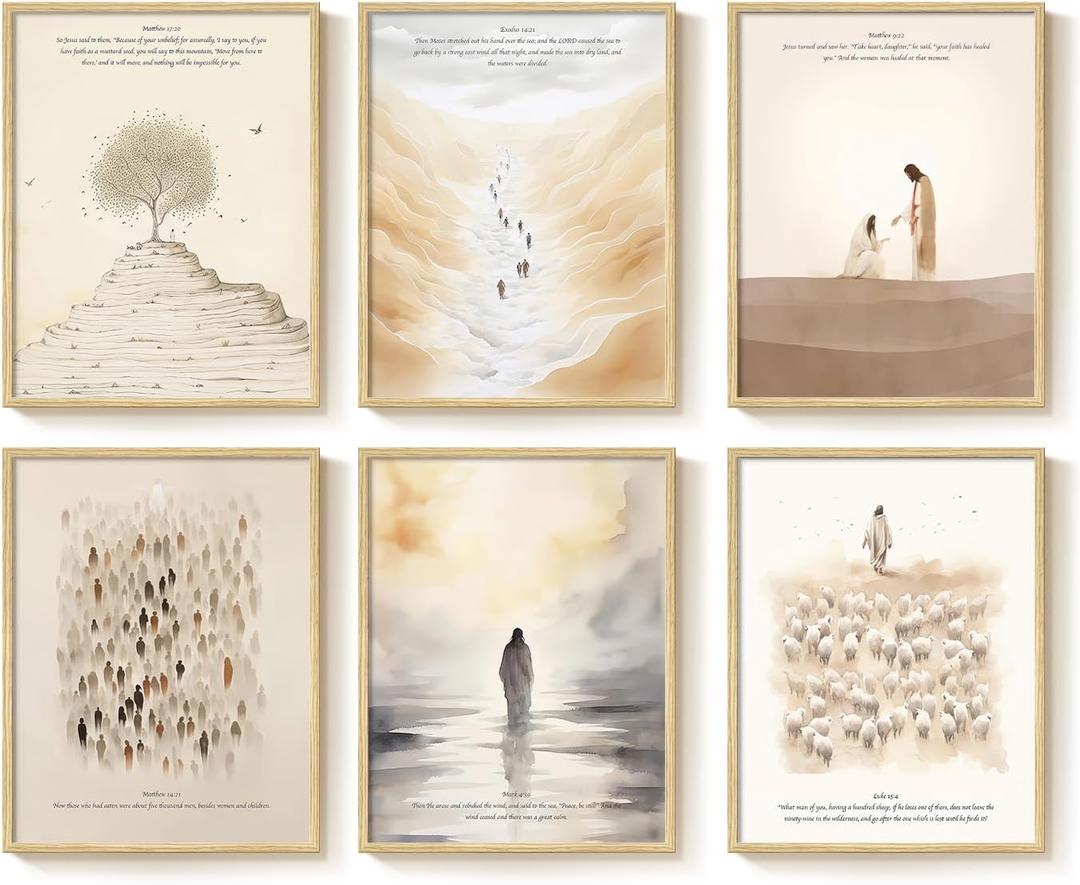 Framed Christian Wall Art Set of 6, Neutral Bible Verse Prints with Jesus Scripture Stories Inspirational Artwork, Religious Decor for Living Room Bedroom Classroom Prayer Room, 11x14 Inch