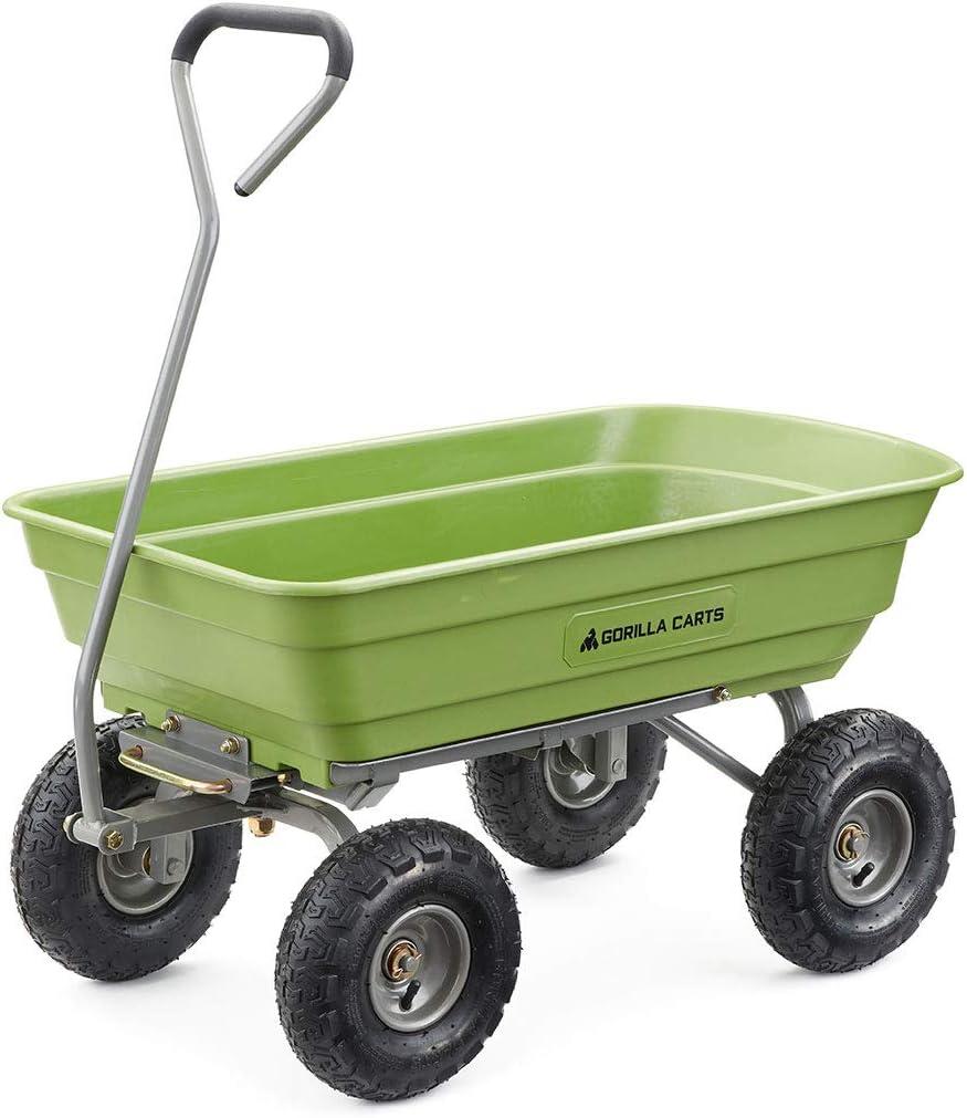 Gorilla Carts Heavy Duty Poly Yard Dump Cart, Lawn & Garden Wagon, 600 Lb, Green (4-Cubic Feet)