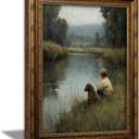 Vintage Gold Framed Wall Art, Boy and Dog Fishing by the River Oil Painting Print, Rustic Countryside Landscape Decor for Living Room, Bedroom, Office, Ready to Hang, 24"L x 16"W