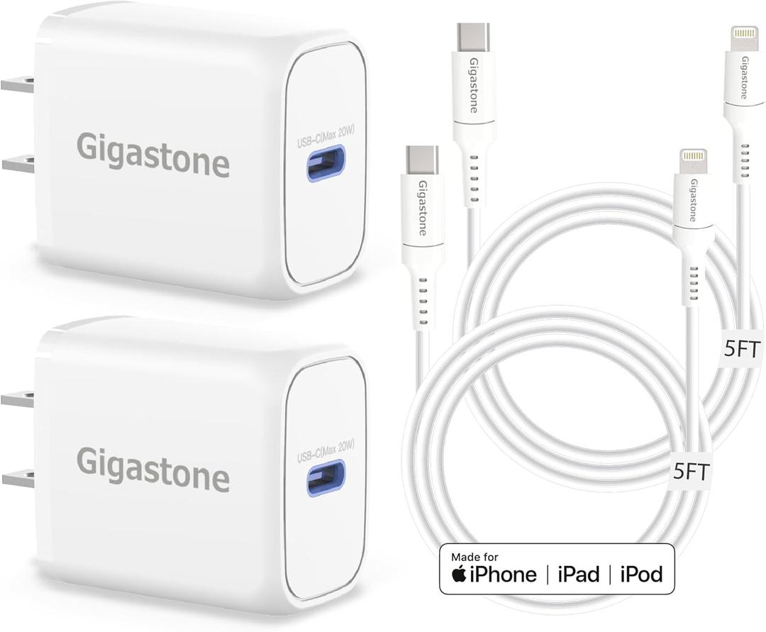 Gigastone iPhone Charger Fast Charging AppleMFi Certified 2-Pack,20W USB C Charger Block with 5FT iPhone Charger Cord Compatible with iPhone 14/14 Pro Max,iPhone 11/12/13 Series,iPad,AirPods