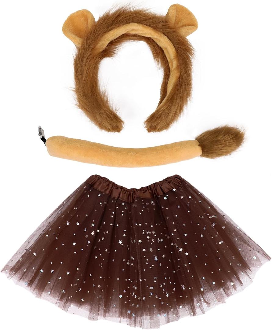 3 Piece Lion Costume Set Lion Ears Headband with Tail and Tutu for Women Halloween Cosplay Party Accessories (Brown)