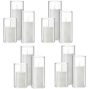 Shihanee Set of 12 Pillar Candles and Glass Cylinder Vases Clear Cylinder CandleHolders for Slim Pillar Candles Wedding Centerpieces(2.6'' X 4.7'', 5.9'', 7.9'',White)