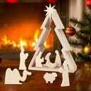 8 x 10 Pcs Nativity Scene Set 12.8 Inch Rustic Wooden Christmas Tree Tabletop Decor Rustic Nativity Scene with Miniature Holy Family Figurines for Indoor Jesus Religious Home Christian Gifts