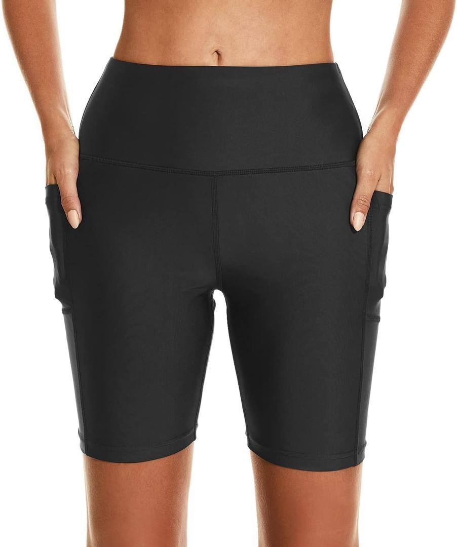 HODOSPORTS Women's 7'' Swim Shorts UPF 50+ High Waisted Board Shorts with Pockets Liner Quick Dry Swimsuit Bottoms Black 3XL