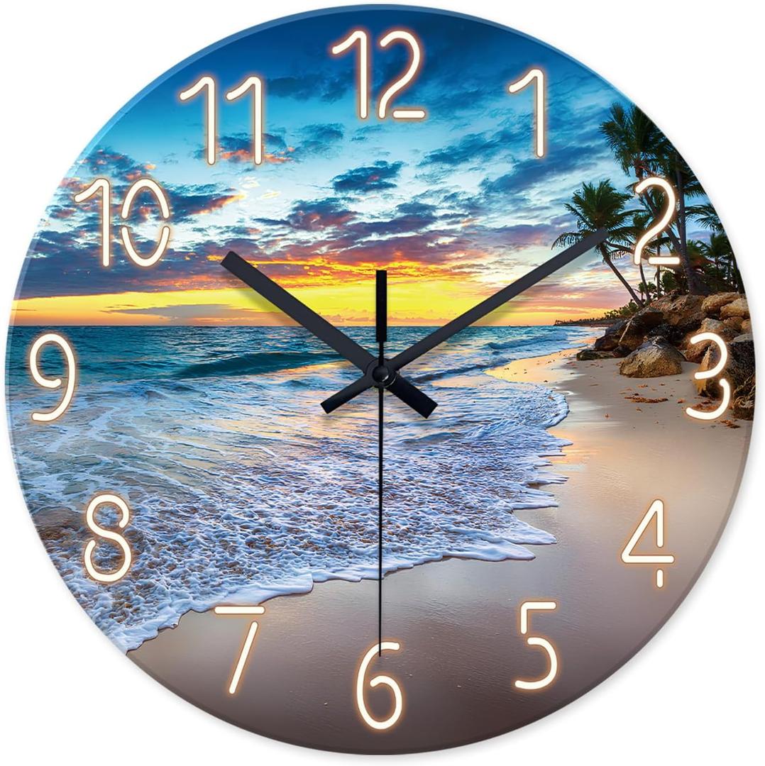 Glass Beach Wall Clocks Battery Operated 16 Inches or Larger Analog Wall Clock Silent Non Ticking Blue Wall Clock for Living Room