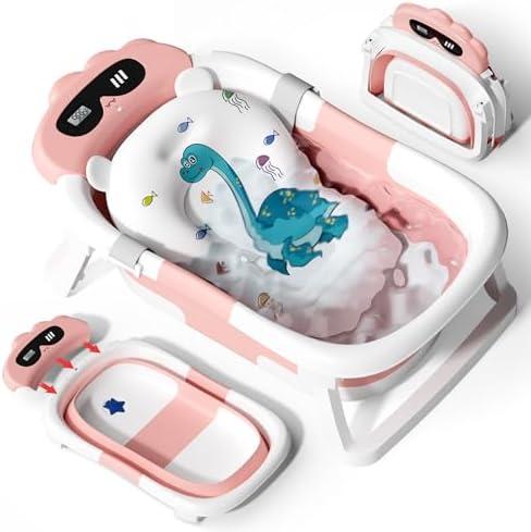 AVIDOR Baby Bathtub,Collapsible Bathtub for Newborn to Toddler,Durable Essential Infant Bath Tub,Portable Travel Baby Tub with Soft Bath Net,No-Slip Feet and Dinosaur Shaped (Pink)