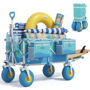 Sekey Heavy Duty Beach Wagon with 9" Big Sand-Proof Wheels, 300L Oversized Foldable Beach Cart with Cooler| Adjustable Handle & Balloon Tires for Sand, Camping,Vacation