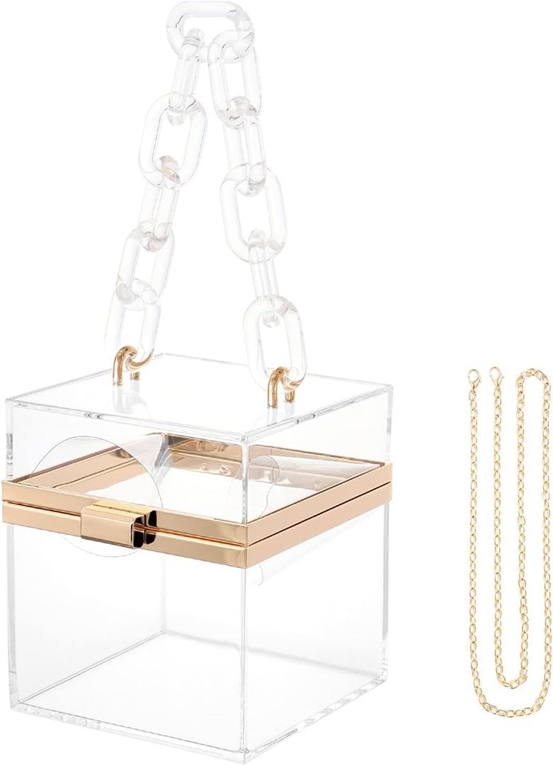 WJCD Cute Clear Acrylic Plastic Neon Hard Frame Party Clutch Purse with Gold Chain Strap (Transparent)