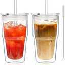 KEMORELA 16oz Clear Double Wall Drinking Glass Cups with Lids and Straws, 2 Pc Set Condensation Resistant Insulated Glass Can Tumblers for Cold Drinks,Iced Coffee,Tea,Juice and Drinks Cleaning Brush