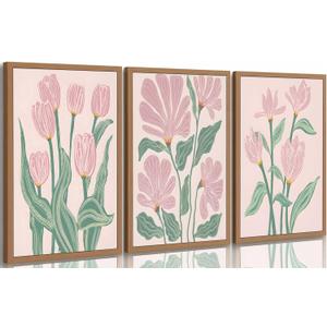 3 Pcs Pink Tulips Flowers Canvas Wall Art Boho Pink and Green Abstract Floral Botanical Paintings Pictures Wall Decor Poster Print Artwork for Living Room Bedroom Home Decoration Unframed (24L"x16W")