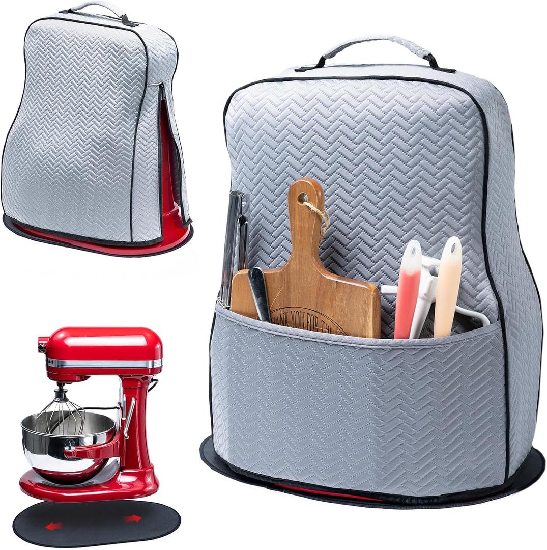 BAGSPRITE Stretchy Stand Mixer Cover with Appliance Slider- Washable Appliance Cover Compatible with Kitchenaid Mixer5/4.5 Quart - Dust Cover with Pockets for Kitchen Aid Accessories and Attachments (Gray)