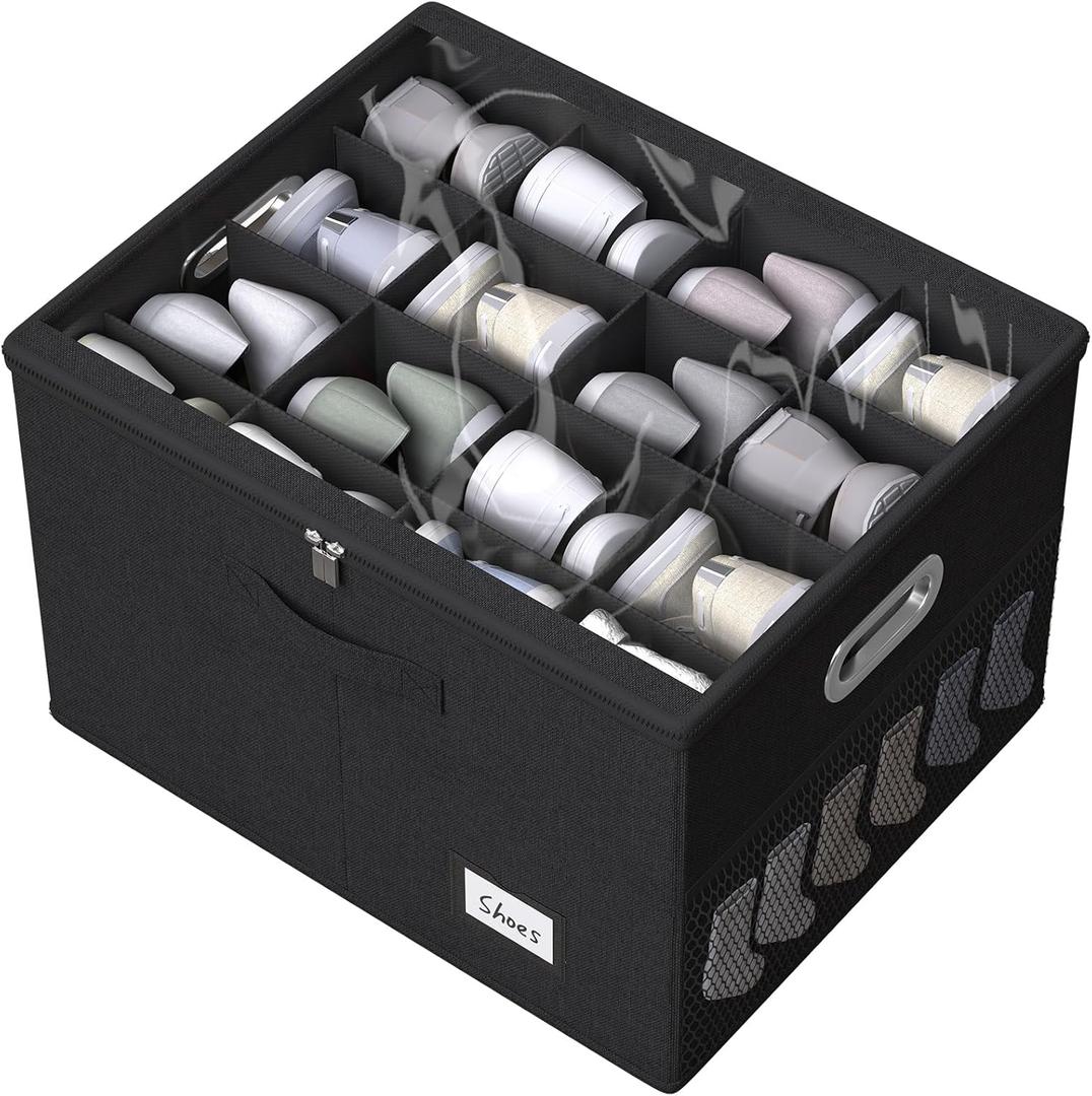 Shoe Organizer for Closet, Large Shoe Box Storage Containers with Clear Window, Space Saving Shoe Bin with Foldable Bottom Support Adjustable Dividers - Fits 16 Pairs (Black, (19.7*15.7*13)x1)