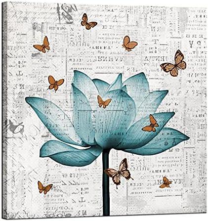 LevvArts Vintage Flower Canvas Wall Art Antique Teal Lotus with Butterflies Painting Picture Prints for Bedroom Farmhouse Wall Decor Zen Floral Artwork Framed Ready to Hang 24x24